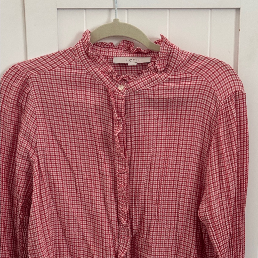 LOFT Red Gingham Ruffle Blouse - Picture 3 of 3